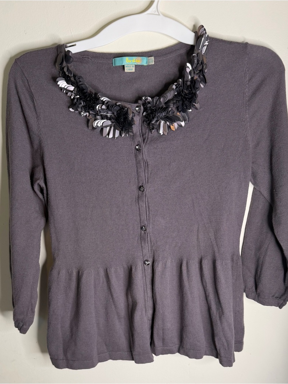 Boden Grey Sequin Floral Collar Peplum Cardigan